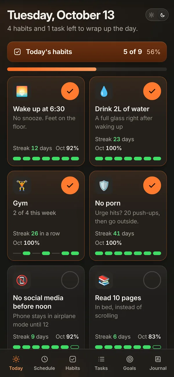 Today: habits to check, with streaks and the month percentage